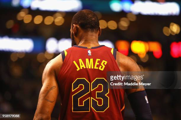 Detail of the jersey of LeBron James of the Cleveland Cavaliers in the first half during Game Two of the 2018 NBA Eastern Conference Finals between...