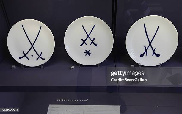 The double-sword logo of German luxury porcelain maker Meissen is... News Photo