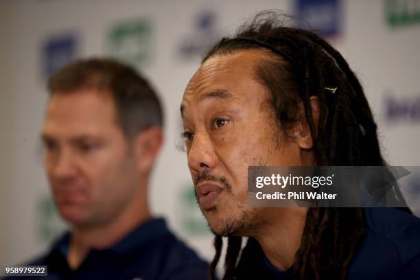 Leon MacDonald looks on as Tana Umaga speaks during a Blues Super Rugby press conference at Blues Headquarters on May 16, 2018 in Auckland, New...