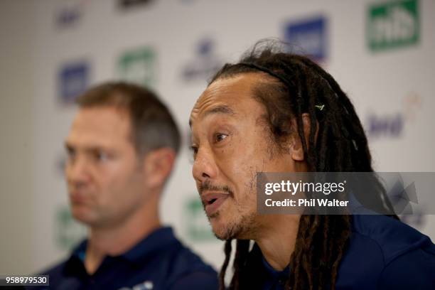 Leon MacDonald looks on as Tana Umaga speaks during a Blues Super Rugby press conference at Blues Headquarters on May 16, 2018 in Auckland, New...