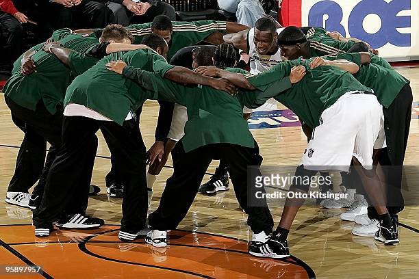 Marcus Hubbard of the Reno Bighorns huddles with teammates during a break from the D-League Showcase against the Dakota Wizards on January 4, 2010 at...
