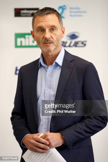 Blues CEO Michael Redman speaks during a Blues Super Rugby press conference at Blues Headquarters on May 16, 2018 in Auckland, New Zealand. MacDonald...