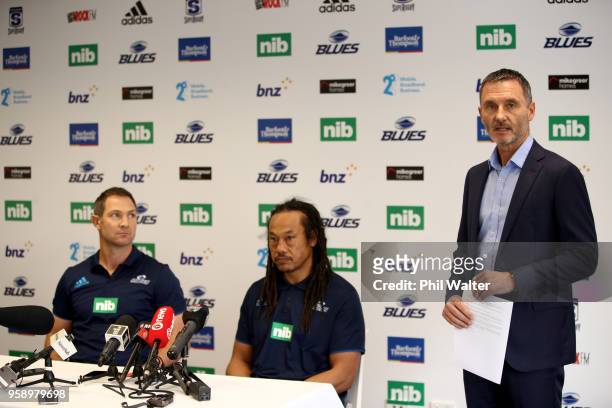 Blues CEO Michael Redman speaks alongside Leon MacDonald and Tana Umaga during a Blues Super Rugby press conference at Blues Headquarters on May 16,...