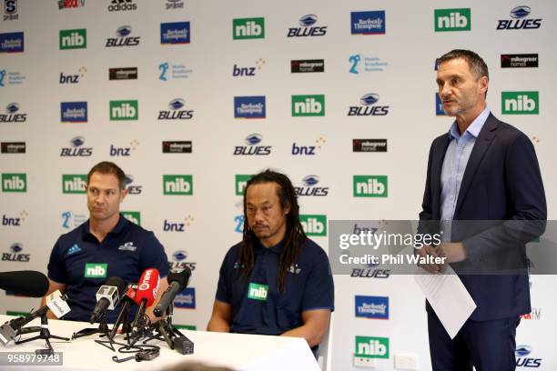 Blues CEO Michael Redman speaks alongside Leon MacDonald and Tana Umaga during a Blues Super Rugby press conference at Blues Headquarters on May 16,...