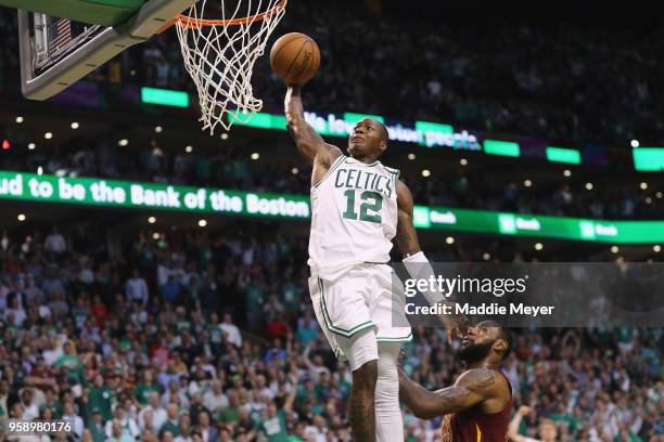 Terry Rozier of the Boston Celtics dunks the ball in the second half against the Cleveland Cavaliers during Game Two of the 2018 NBA Eastern...