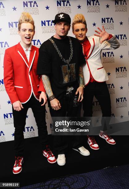 Jedward, John and Edward Grimes appear with rapper Vanilla Ice backstage at the National Television Awards held at O2 Arena on January 20, 2010 in...