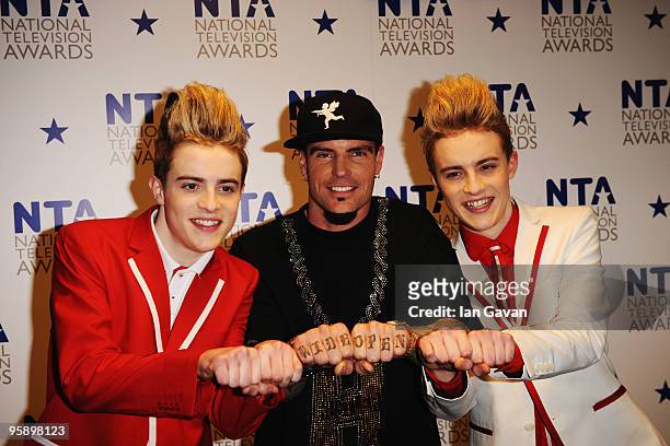 Jedward, John and Edward Grimes appear with rapper Vanilla Ice backstage at the National Television Awards held at O2 Arena on January 20, 2010 in...