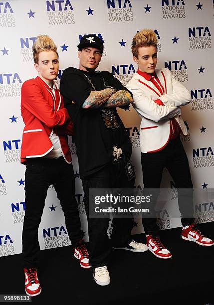 Jedward, John and Edward Grimes appear with rapper Vanilla Ice backstage at the National Television Awards held at O2 Arena on January 20, 2010 in...