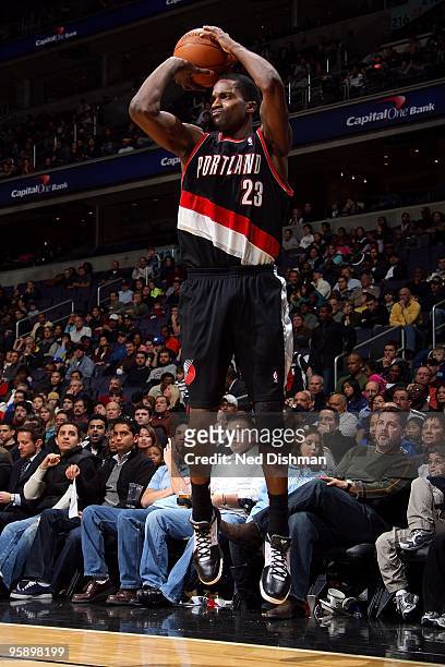 Martell Webster of the Portland Trail Blazers shoots against the Washington Wizards during the game on January 18, 2010 at the Verizon Center in...
