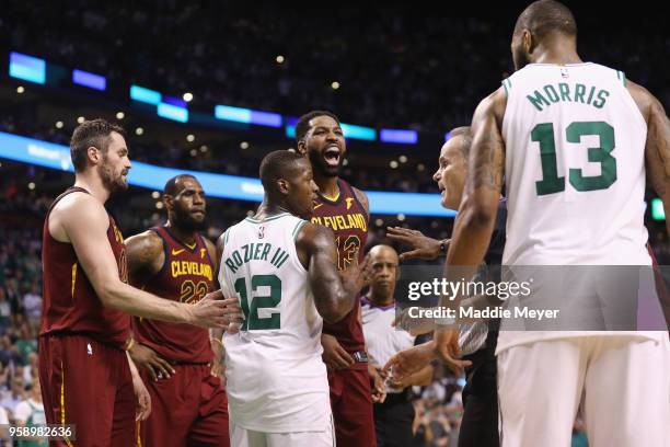 Tristan Thompson of the Cleveland Cavaliers yells at Marcus Morris of the Boston Celtics in the second half during Game Two of the 2018 NBA Eastern...