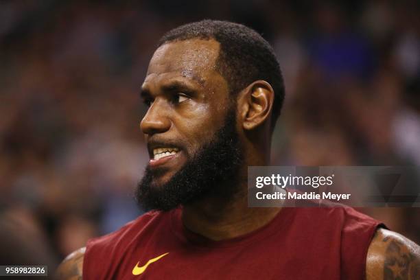 LeBron James of the Cleveland Cavaliers reacts in the fourth quarter against the Boston Celtics during Game Two of the 2018 NBA Eastern Conference...