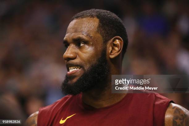 LeBron James of the Cleveland Cavaliers reacts in the fourth quarter against the Boston Celtics during Game Two of the 2018 NBA Eastern Conference...