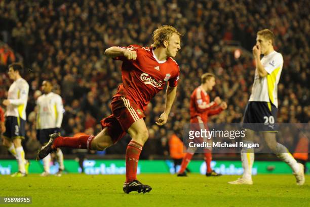 Dirk Kuyt of Liverpool celebrates scoring his team's second goal during the Barclays Premier League match between Liverpool and Tottenham Hotspur at...