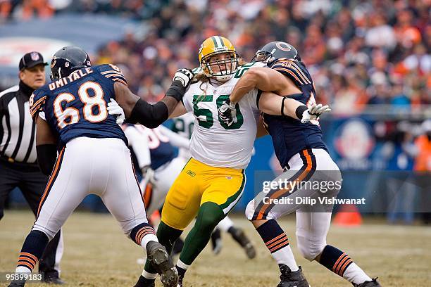 Hawk of the Green Bay Packers defends against the Chicago Bears at Soldier Field on December 13, 2009 in Chicago, Illinois.