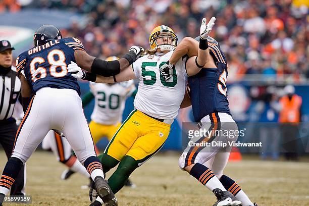 Hawk of the Green Bay Packers defends against the Chicago Bears at Soldier Field on December 13, 2009 in Chicago, Illinois.