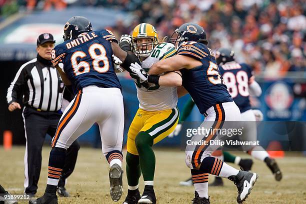 Hawk of the Green Bay Packers defends against the Chicago Bears at Soldier Field on December 13, 2009 in Chicago, Illinois.