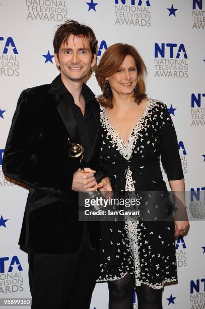 Dr Who actor David Tennant appears with his Outstanding Drama Performance award with Sarah Brown, wife of Prime Minister Gordon Brown, backstage at...