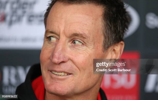 John Worsfold, coach of the Bombers speaks to the media during an Essendon Bombers AFL training session at The Hangar on May 16, 2018 in Melbourne,...