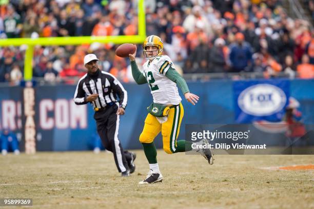 Aaron Rodgers of the Green Bay Packers passes against the Chicago Bears at Soldier Field on December 13, 2009 in Chicago, Illinois.