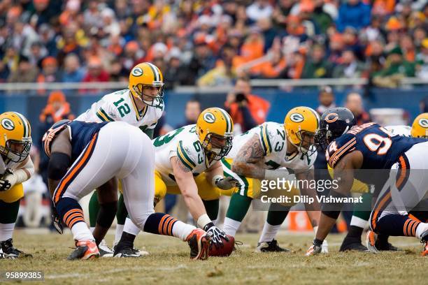 Aaron Rodgers of the Green Bay Packers lines up against the Chicago Bears at Soldier Field on December 13, 2009 in Chicago, Illinois.