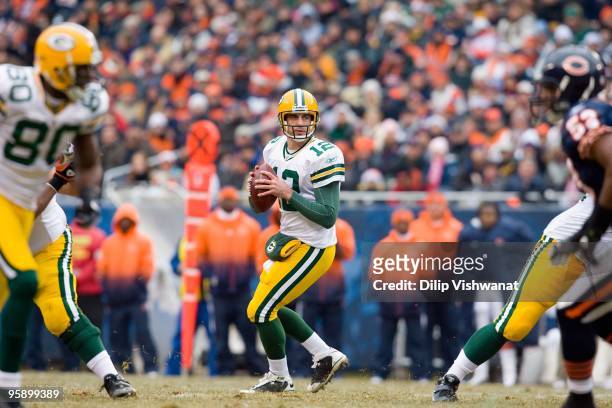 Aaron Rodgers of the Green Bay Packers passes against the Chicago Bears at Soldier Field on December 13, 2009 in Chicago, Illinois.