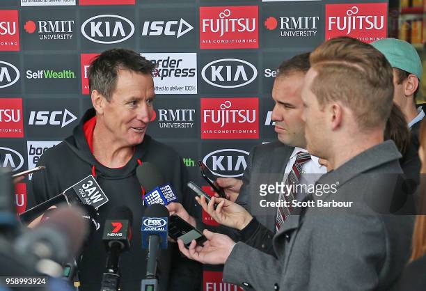 John Worsfold, coach of the Bombers speaks to the media during an Essendon Bombers AFL training session at The Hangar on May 16, 2018 in Melbourne,...