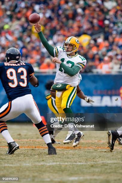 Aaron Rodgers of the Green Bay Packers passes against the Chicago Bears at Soldier Field on December 13, 2009 in Chicago, Illinois.