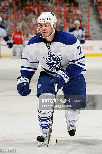 Ian White of the Toronto Maple Leafs skates down the ice against the Washington Capitals at the Verizon Center on January 15, 2010 in Washington, DC.