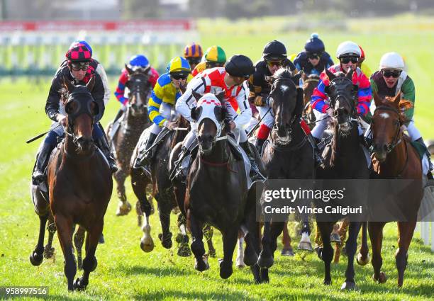 Ben Melham riding Crafty Cruiser, Mitch Aitken riding Zataglio, Dale Smith riding Royal Volley and Regan Bayliss aboard Johnny Vinko approach the the...