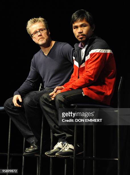 World champion boxer Manny �PacMan� Pacquiao and his manager Freddie Roach during a news conference January 20, 2010 in New York. The fight between...