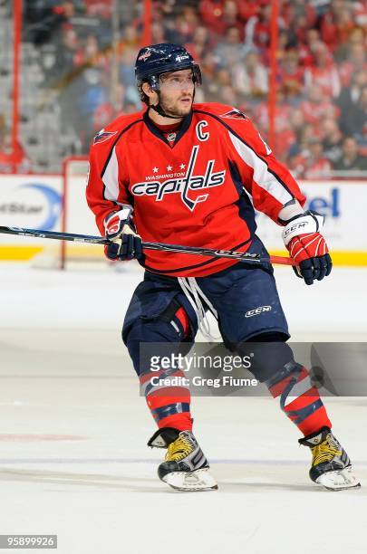 Alex Ovechkin of the Washington Capitals skates down the ice against the Toronto Maple Leafs at the Verizon Center on January 15, 2010 in Washington,...