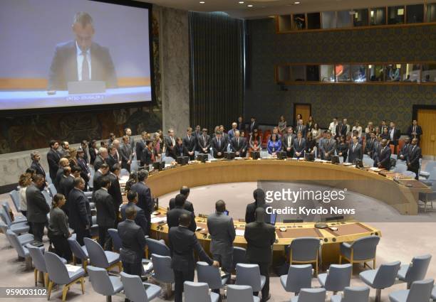 Ambassadors to the United Nations observe a moment of silence for victims of violent clashes along the Gaza-Israeli border following the relocation...