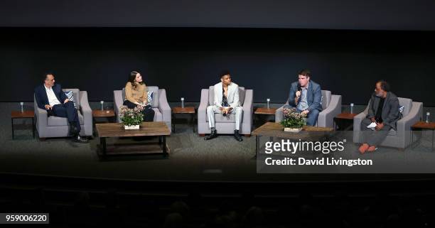 Actors Hank Azaria, Amanda Peet and Tyrel Jackson Williams, executive producer Joel Church-Cooper and moderator Greg Braxton attend the "Brockmire"...