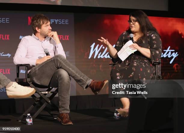 Mark Duplass and Yvonne Villarreal speak onstage at Los Angeles Times The Envelope Screening Series presents Netflix's "Wild Wild Country" at Netflix...