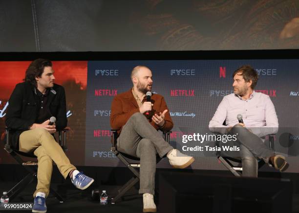 Maclain Way, Chapman Way and Mark Duplass speak onstage at Los Angeles Times The Envelope Screening Series presents Netflix's "Wild Wild Country" at...