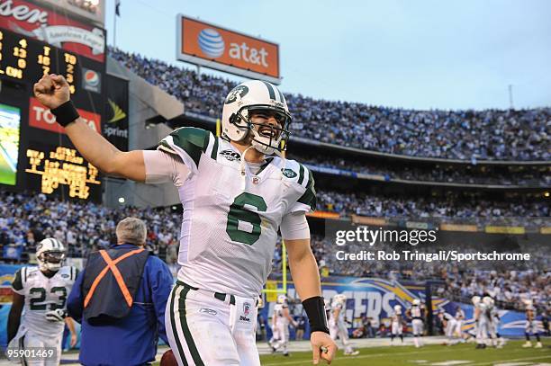 Mark Sanchez of the New York Jets reacts after a third quarter touchdown against the San Diego Chargers during AFC Divisional Playoff Game at...