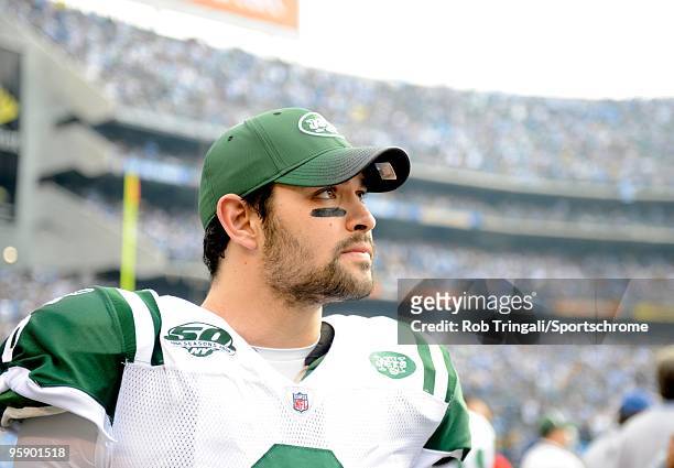 Mark Sanchez of the New York Jets looks on before a game against the San Diego Chargers during AFC Divisional Playoff Game at Qualcomm Stadium on...