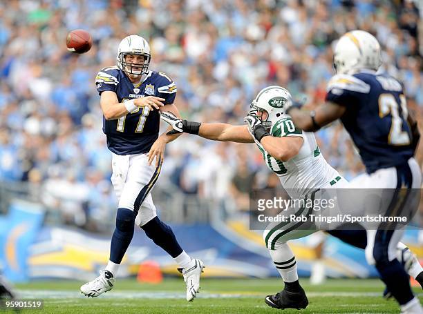 Philip Rivers of the San Diego Chargers passes against the New York Jets during AFC Divisional Playoff Game at Qualcomm Stadium on January 17, 2010...