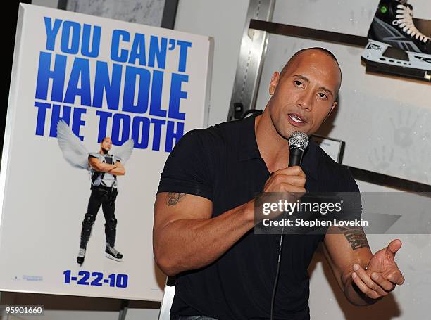Actor Dwayne Johnson attends the NHL Powered by Reebok Store to promote "Tooth Fairy" on January 20, 2010 in New York City.