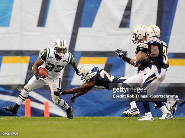 Shonn Greene of the New York Jets rushes against the San Diego Chargers during AFC Divisional Playoff Game at Qualcomm Stadium on January 17, 2010 in...