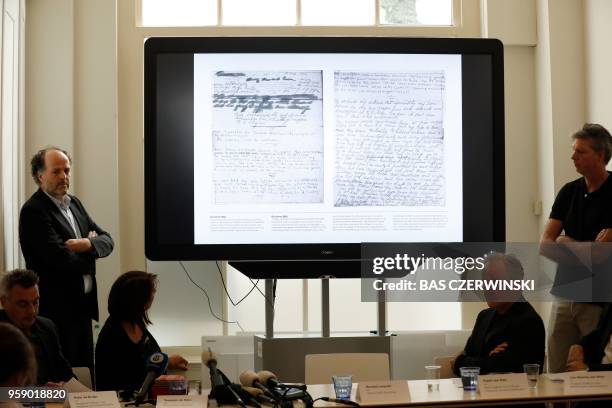 Ronald Leopold , executive director of the Anne Frank House, presents two unknown pages of Anne Frank's diary, during a press conference on May 15,...