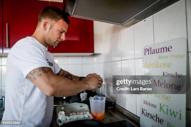 Kevin Winkens of gym Vitus has breakfast in his appartement on May 5, 2018 in Viersen, Germany. Winkens qualifyed for the gym Regionals Europe, which...