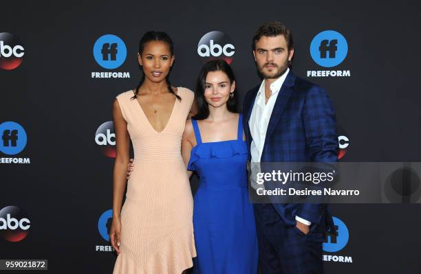 Actors Fola Evans-Akingbola, Eline Powell and Alex Roe attend the 2018 Disney, ABC, Freeform Upfront on May 15, 2018 in New York City.