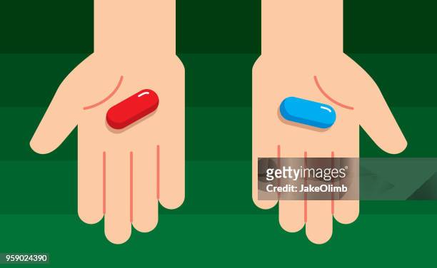 hands holding pills - red pill stock illustrations