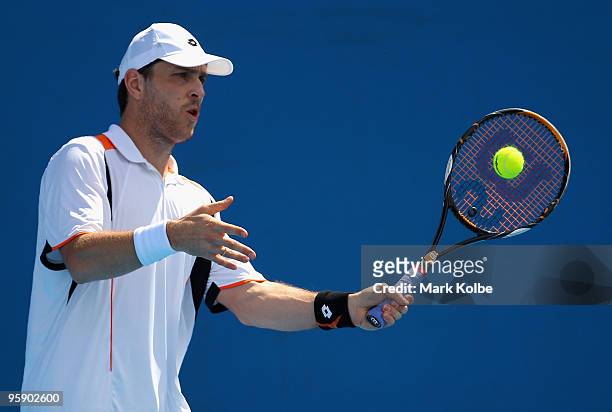 Michael Berrer of Germany plays a forehand in his second round match against Denis Istomin of Uzbekistan during day four of the 2010 Australian Open...