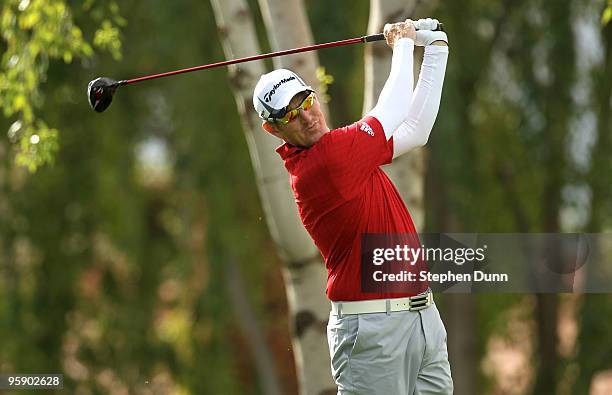 Greg Owen of England hits his tee shot on the second hole on the Palmer Private Course at PGA West during the first round of the Bob Hope Classic on...