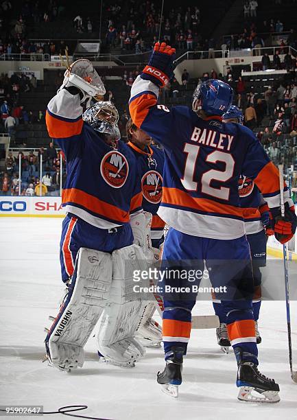Rick DiPietro of the New York Islanders celebrates his shoot out win over the Buffalo Sabres at the Nassau Coliseum on January 16, 2010 in Uniondale,...