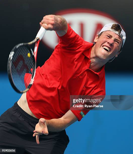 Illya Marchenko of Ukraine serves in his second round match against Nikolay Davydenko of Russia during day four of the 2010 Australian Open at...
