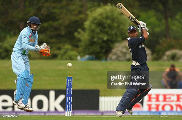 Ateeq Javid of England bats during the ICC U19 Cricket World Cup match between India and England at the Bert Sutcliffe Oval on January 21, 2010 in...