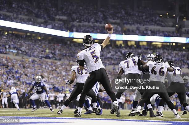 Playoffs: Rear view of Baltimore Ravens QB Joe Flacco in action, pass vs Indianapolis Colts. Indianapolis, IN 1/16/2010 CREDIT: David E. Klutho